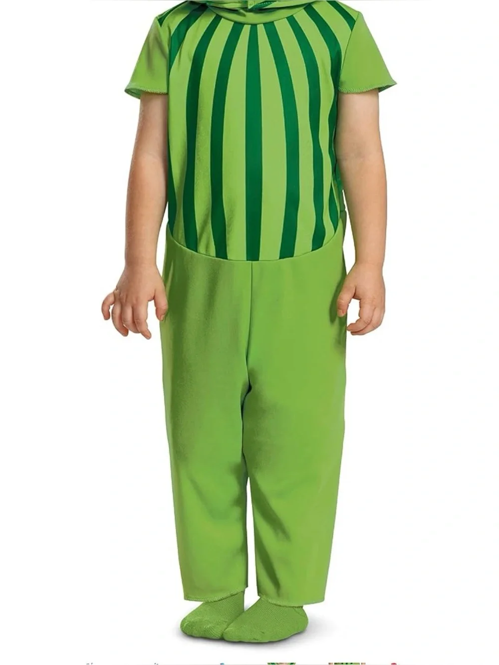 Bright Lime Green Cocomelon Kids Costume Jumpsuit with Dark Green Stripe